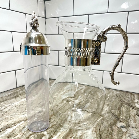 Vintage Glass and Silver Pitcher Carafe with Plastic Ice Cooling Tube Chill It - Picture 3 of 14